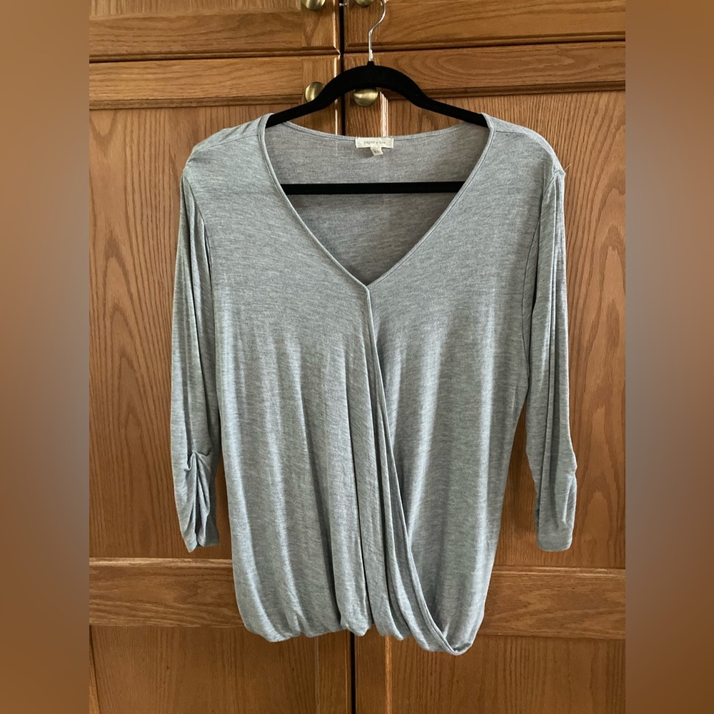 COPY - Paper & Tea Long sleeve faux wrap T-shirt V-neck 3/4 sleeve Drape front …